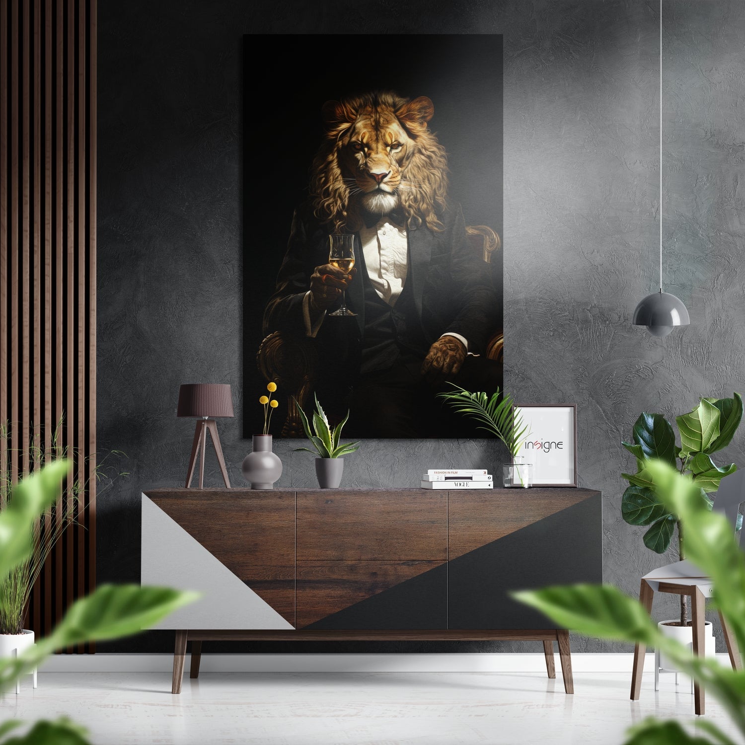 Black Tuxedo Lion With Champagne Glass Brushed Aluminum Dibond Wall Art