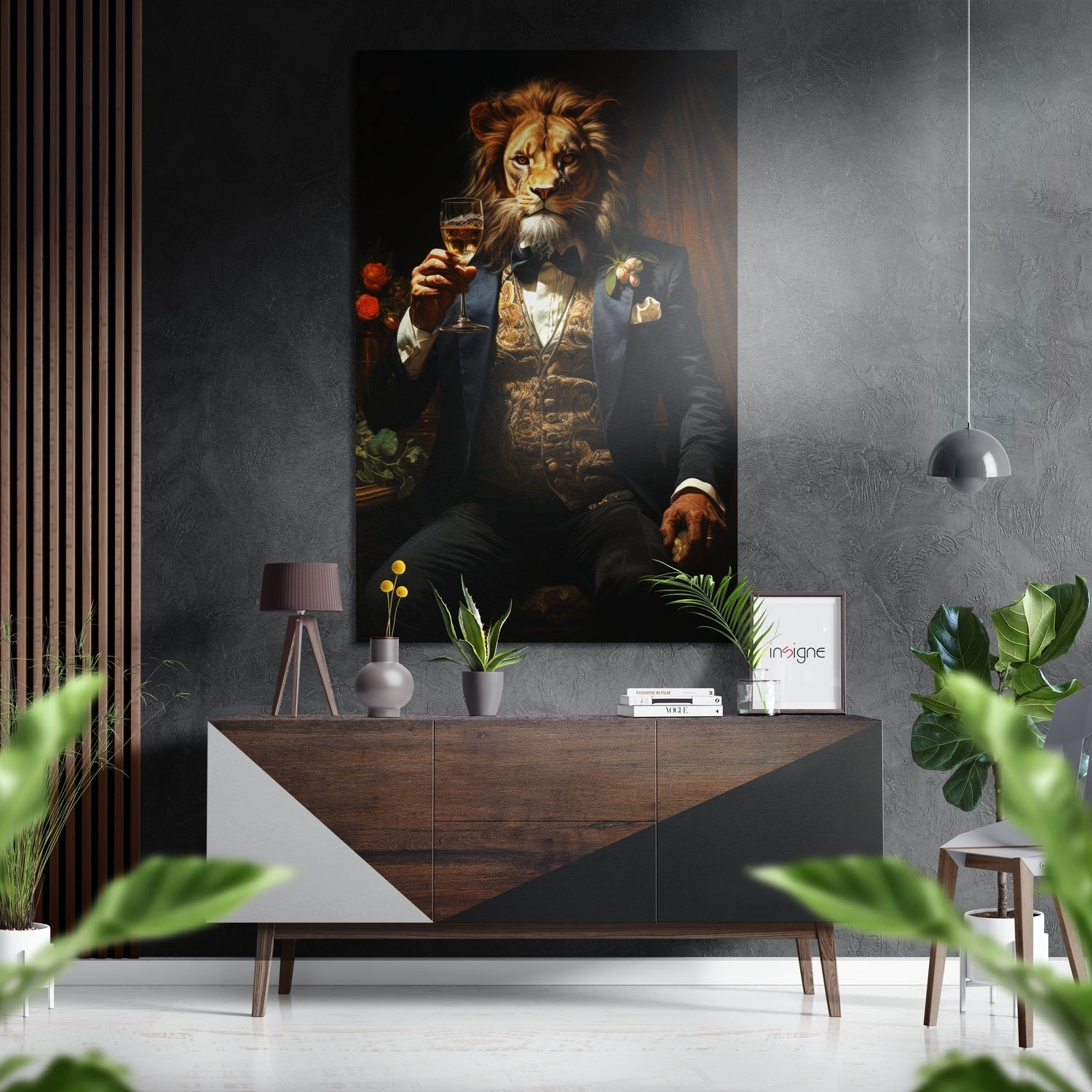 Gold Vest Lion Raising Wine Glass Brushed Aluminum Dibond Wall Art