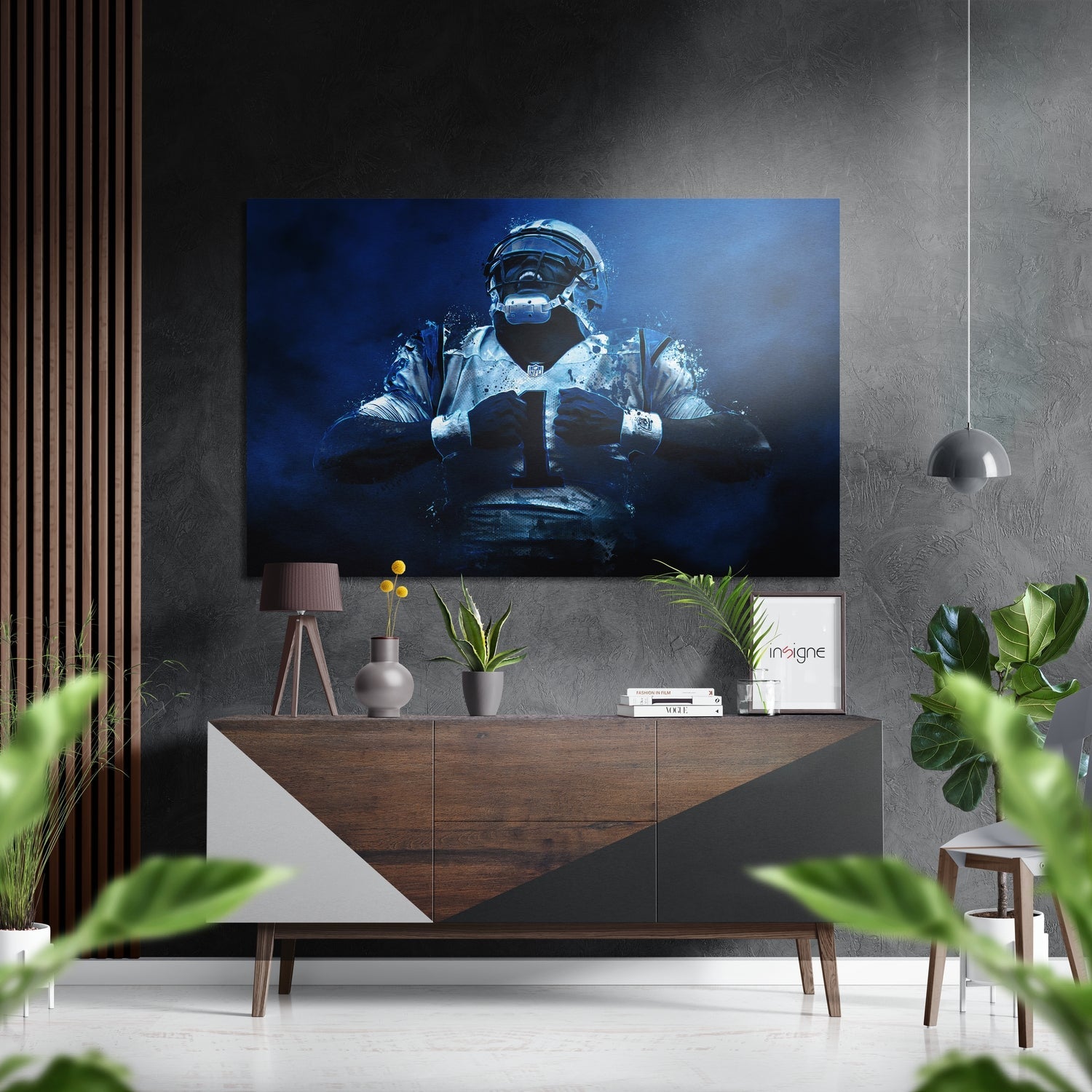 Football Player in Blue Smoke Brushed Aluminium Dibond Wall Art