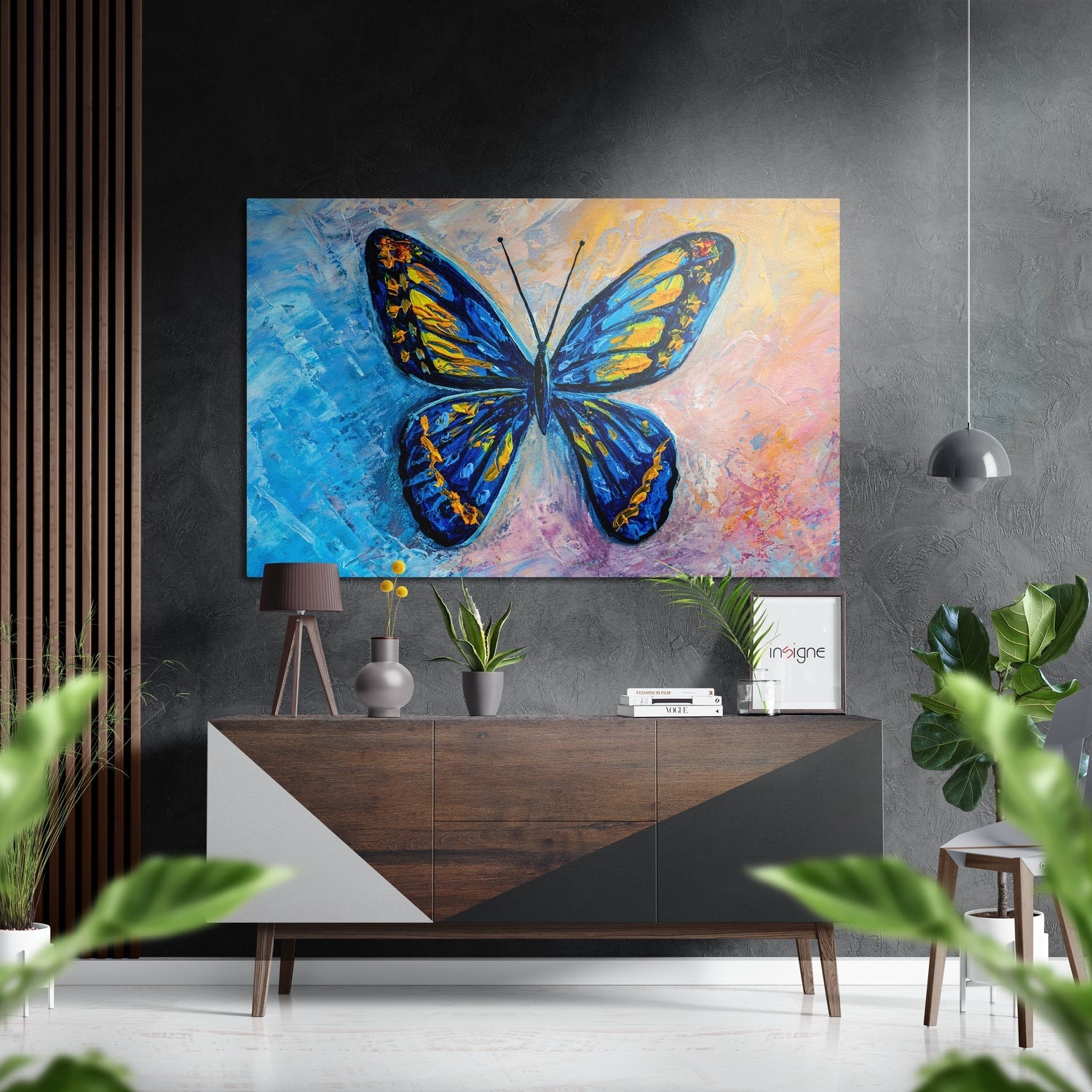 Blue Yellow Butterfly Painting Brushed Aluminium Dibond Wall Art