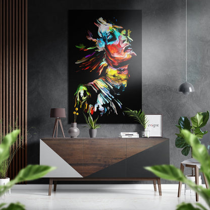 Neon Paint Strokes Woman Face Brushed Aluminium Dibond Wall Art