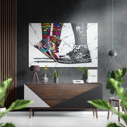 Graffiti Sneakers on Tiptoe Brushed Aluminium Dibond Wall Art