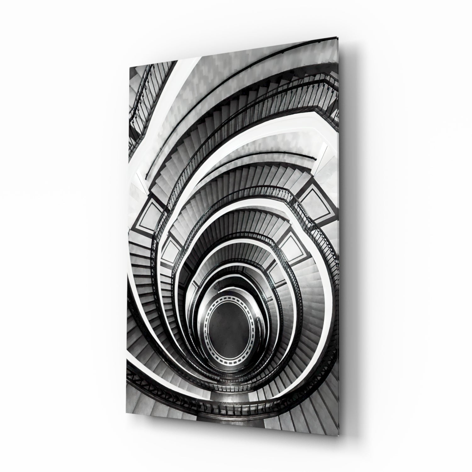 Monochrome Spiral Staircase From Above Glass Wall Art