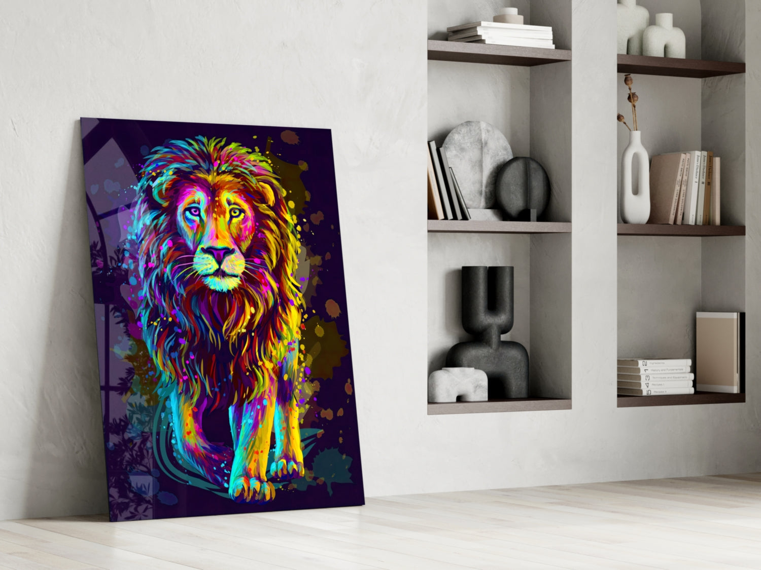 Neon Rainbow Standing Lion Glass Wall Art