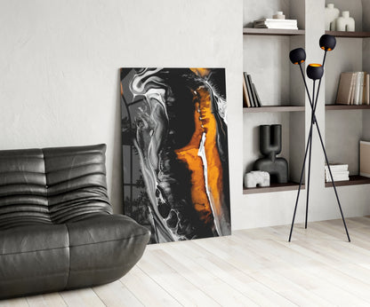 Orange Black Marble Swirl Glass Wall Art