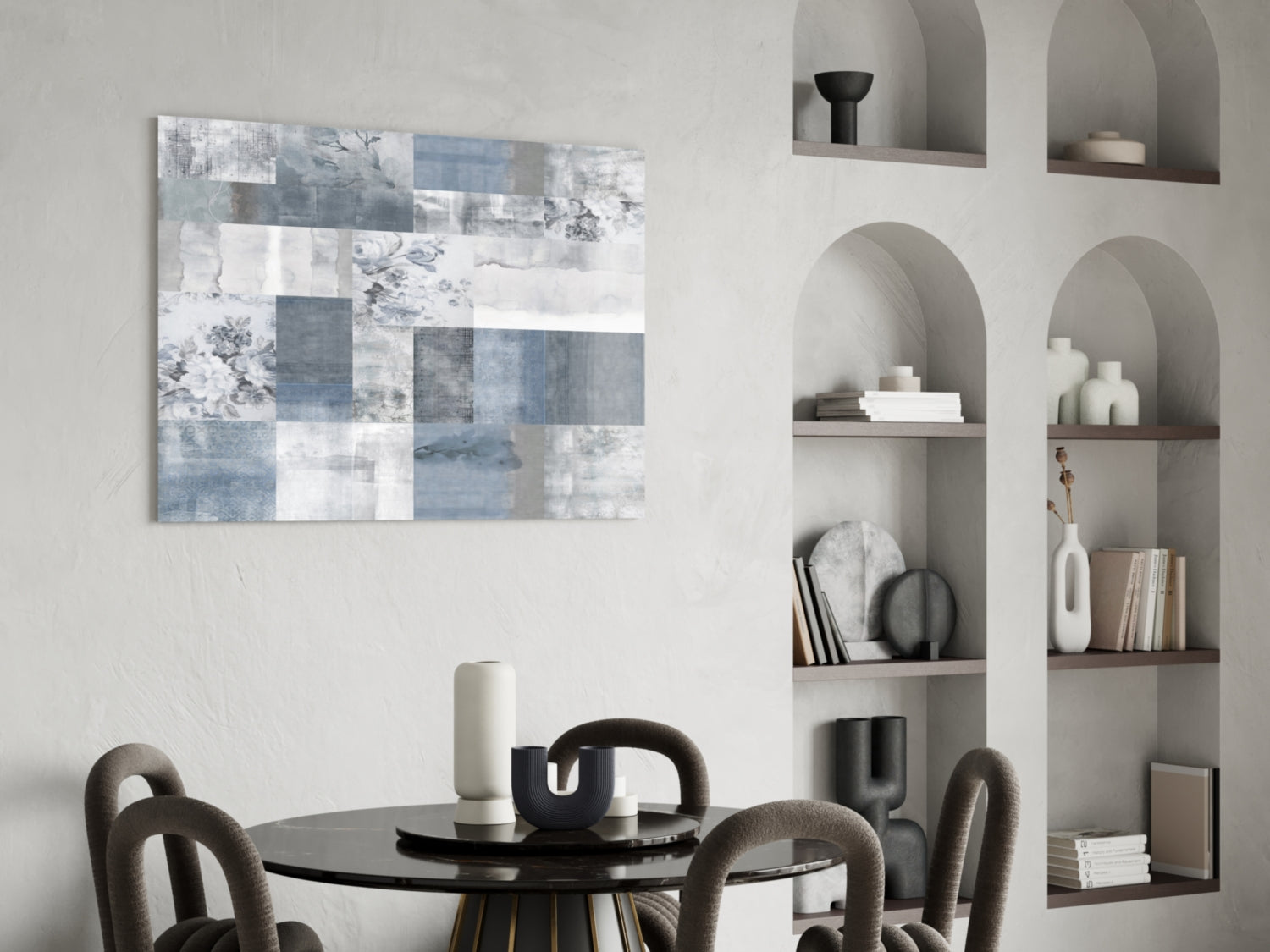 Blue Geometric Patchwork Glass Wall Art