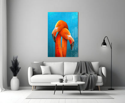 Turquoise Backdrop Orange Flamingo Pair Glass Wall Art