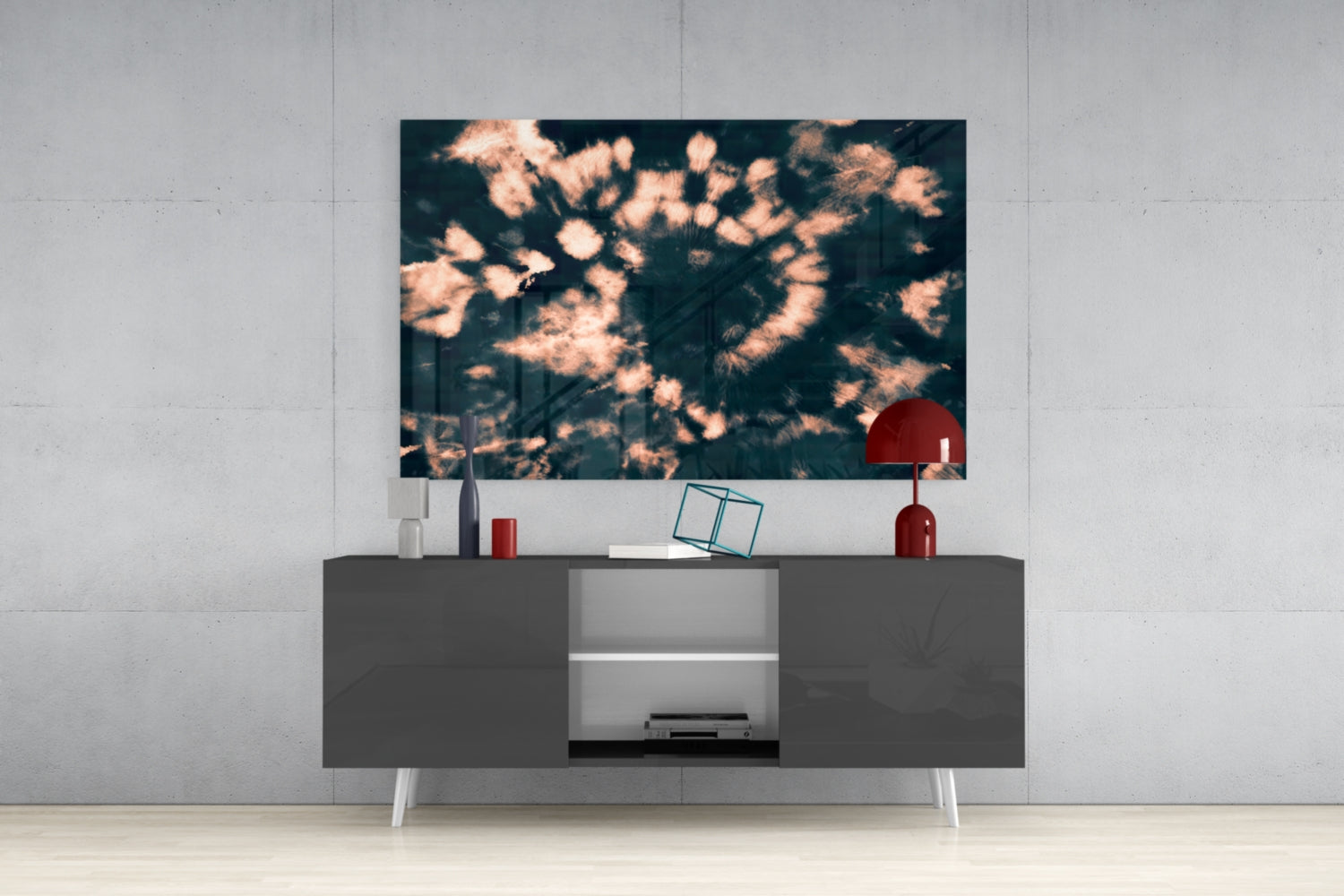 Peach Dandelion Spiral Navy Glass Wall Art