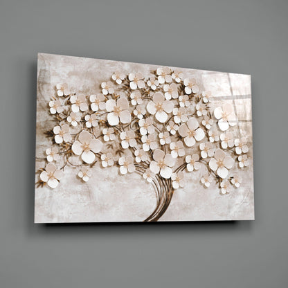 Cream Petals Beige Blossom Tree of Life Glass Wall Art