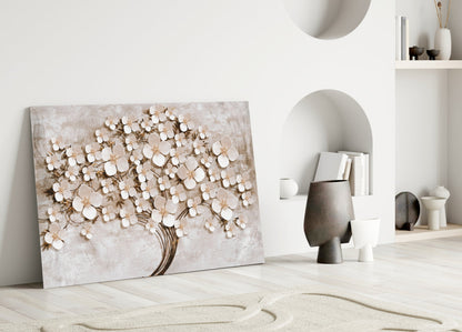 Cream Petals Beige Blossom Tree of Life Glass Wall Art