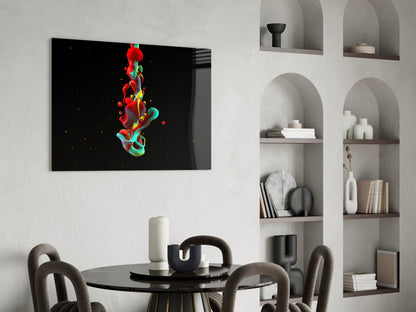 Red Teal Splash on Black Glass Wall Art