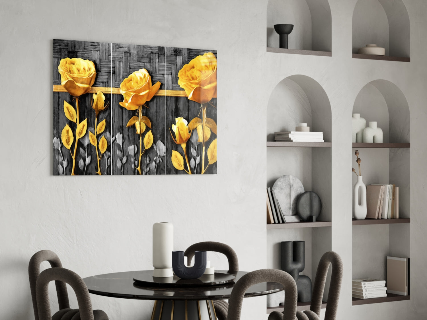 Golden Roses Gray Wood Triptych Glass Wall Art