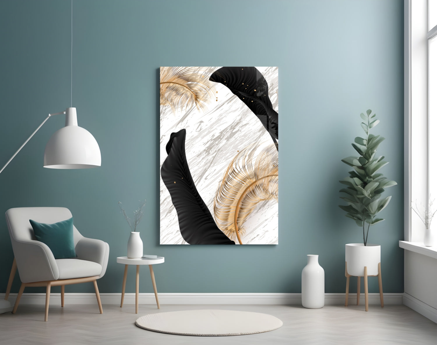 Gold Feather Black Leaf Marble Glass Wall Art