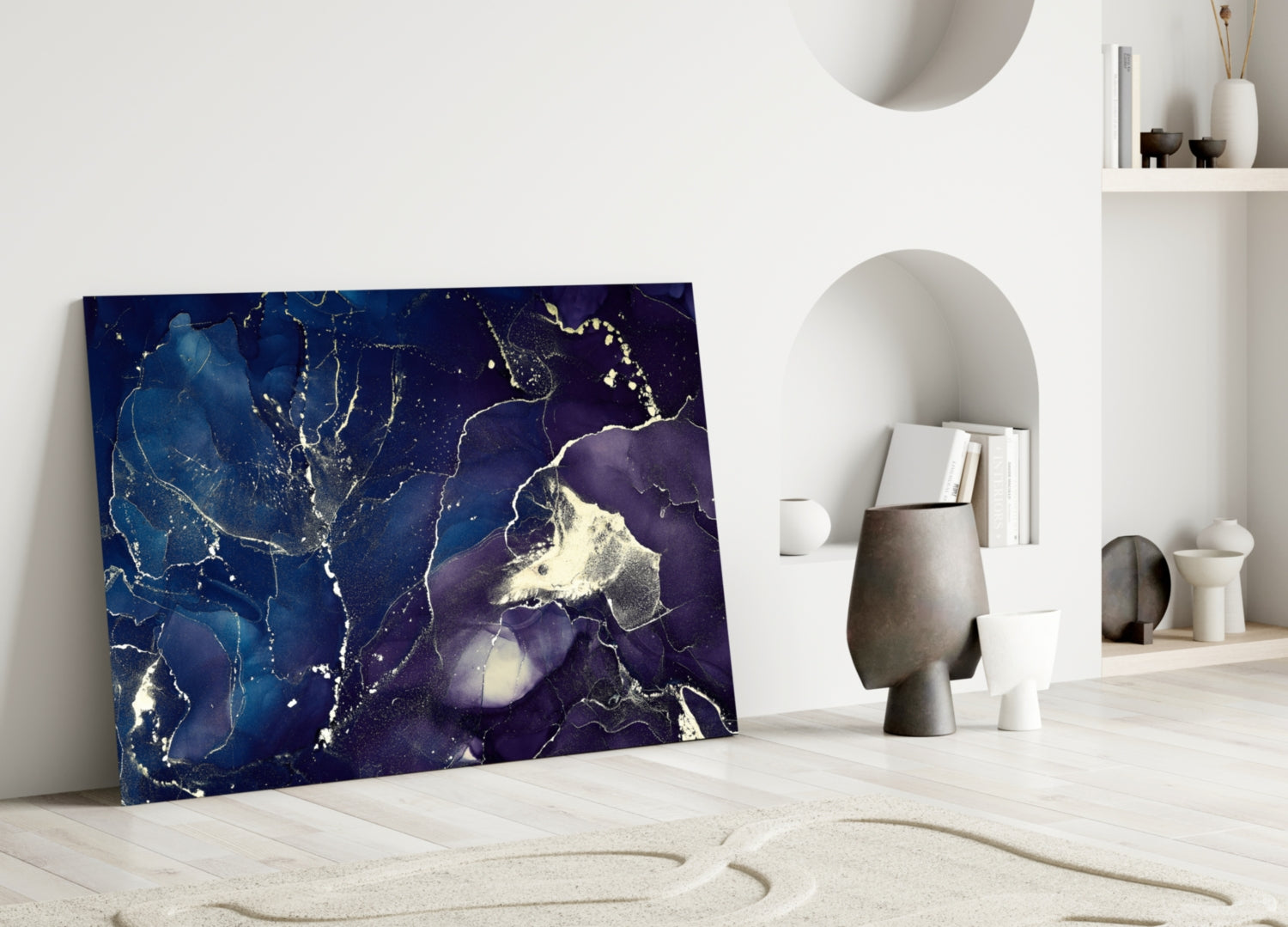 Midnight Navy Gold Ink Glass Wall Art