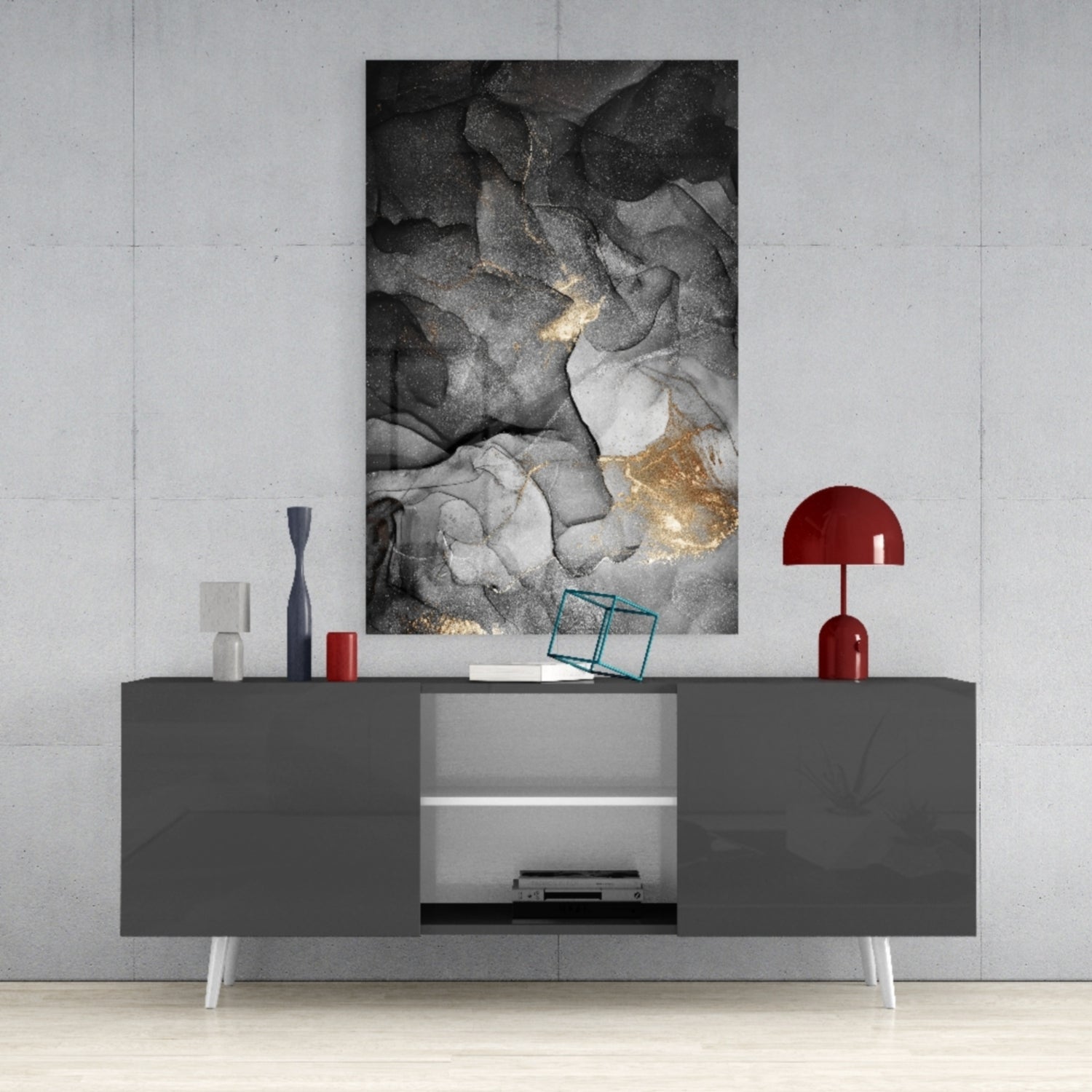 Charcoal Black Gold Ink Glass Wall Art