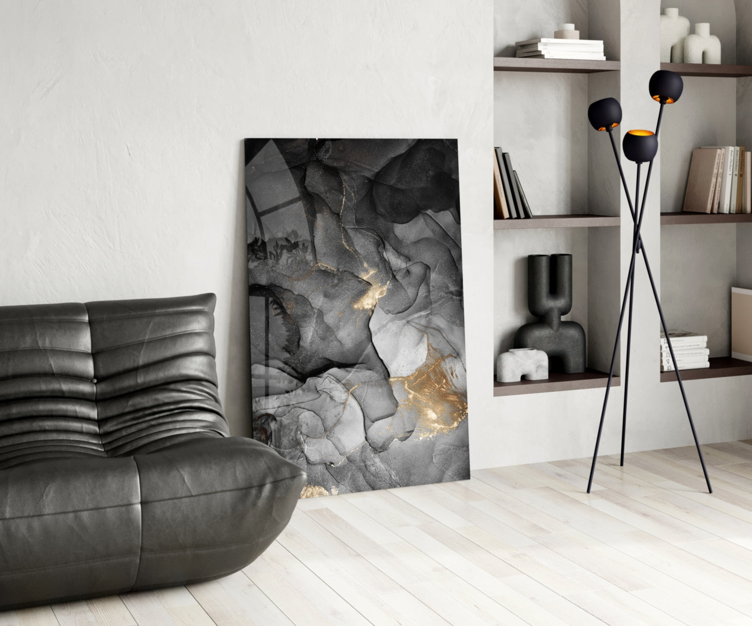 Charcoal Black Gold Ink Glass Wall Art