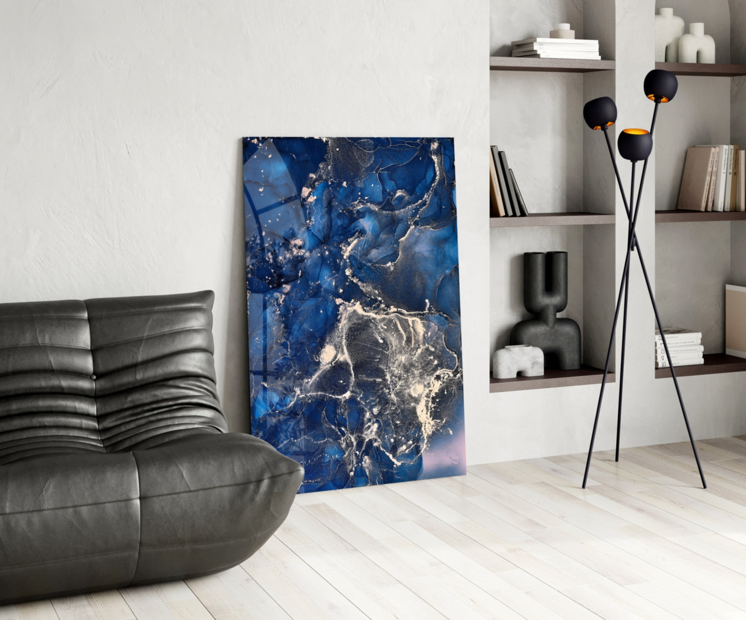 Navy Silver Ink Splash Glass Wall Art