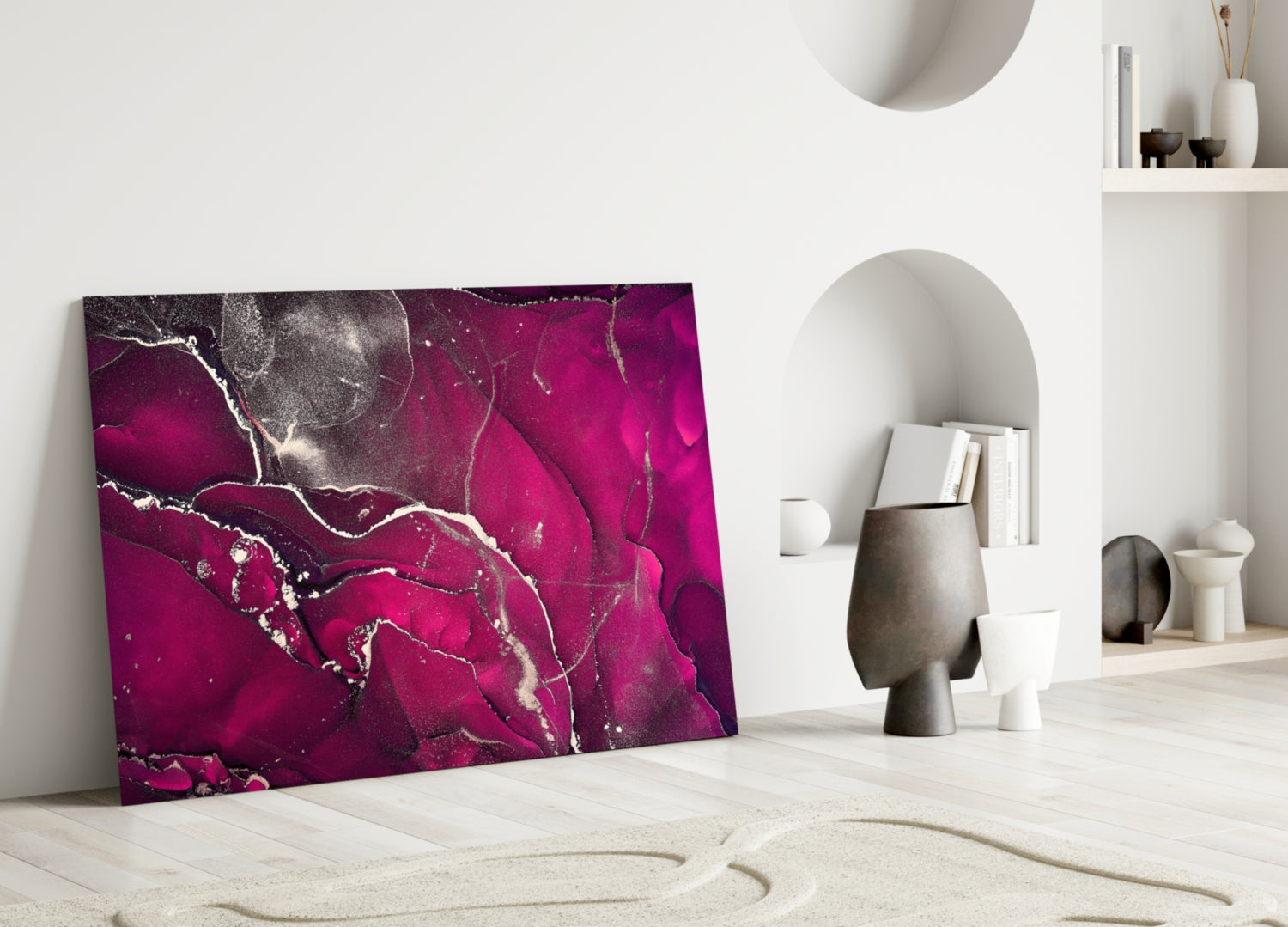 Fuchsia Silver Marble Ink Glass Wall Art