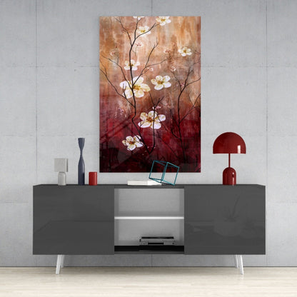 Crimson And Cream Blossom Branch Glass Wall Art