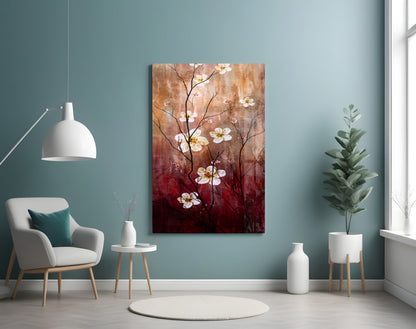 Crimson And Cream Blossom Branch Glass Wall Art
