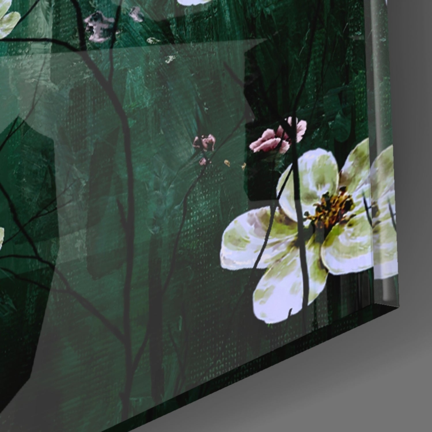 Emerald Green Misty Blossom Branch Glass Wall Art