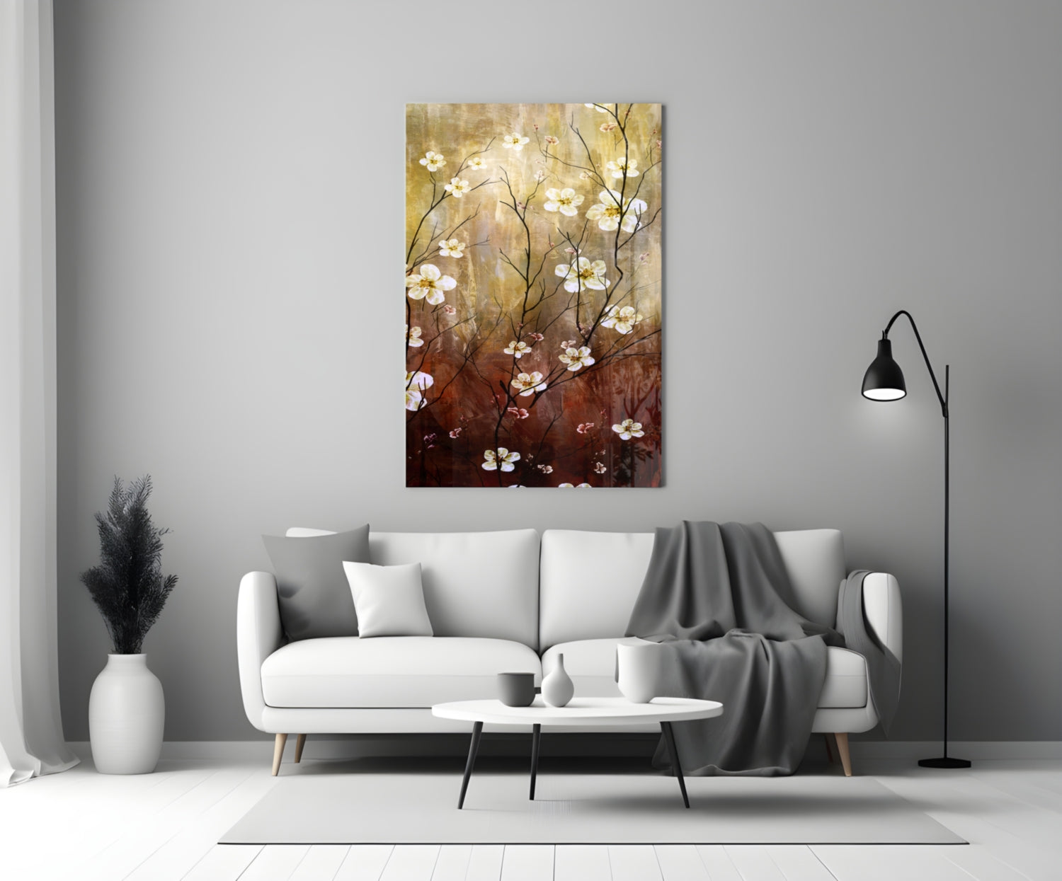 Amber Brown Blossom Branch Panel Glass Wall Art