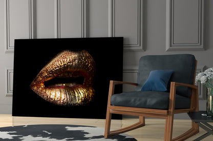 Golden Parted Lips on Black Glass Wall Art