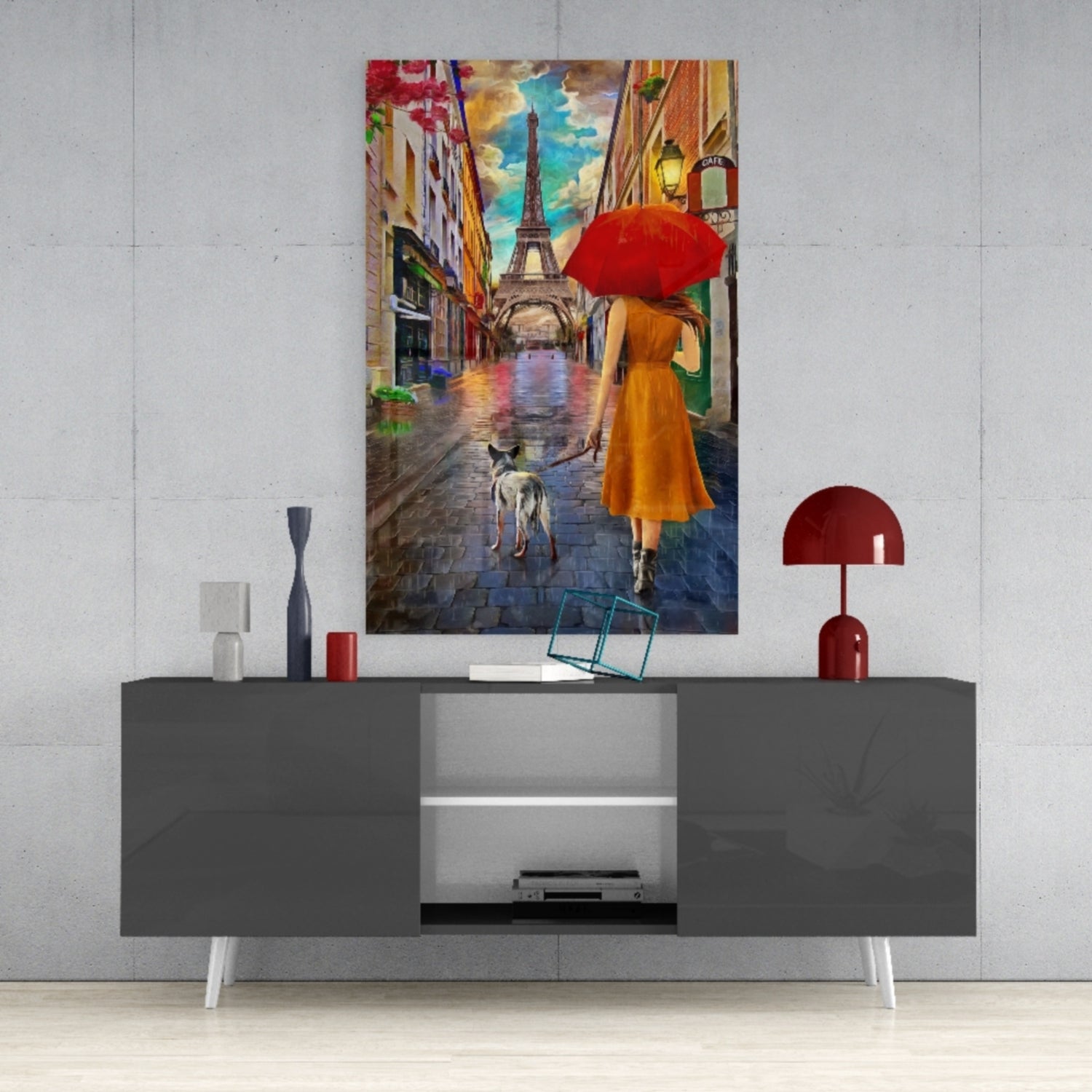 Orange Dress Woman Red Umbrella Paris Glass Wall Art