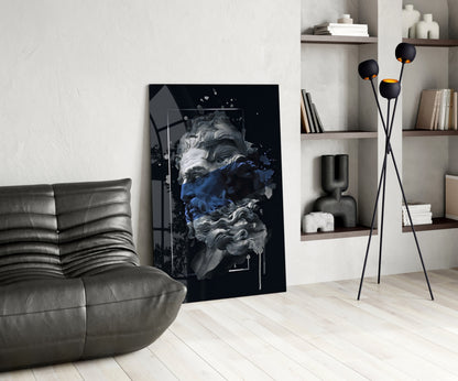 Navy Blue Paint Stripe Poseidon Bust Glass Wall Art