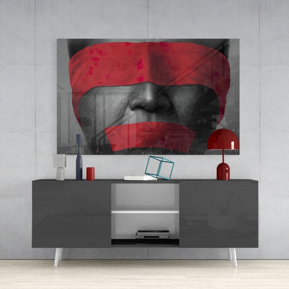Red Blindfold and Taped Mouth Portrait Glass Wall Art