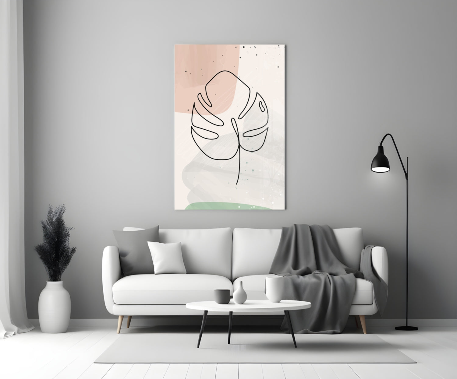 Monstera Line Blush Sage Glass Wall Art