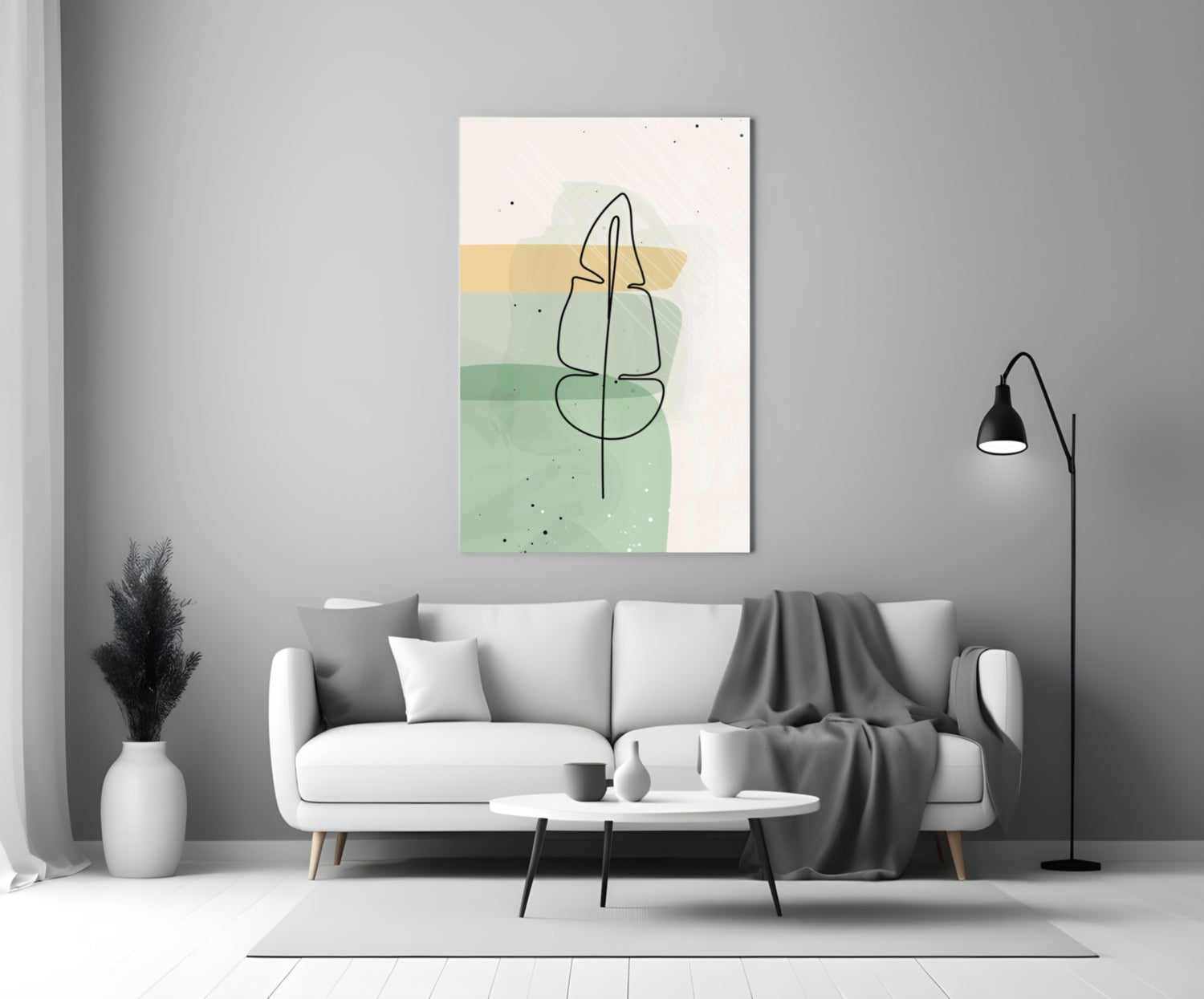 Line Art Leaf Sage Yellow Glass Wall Art