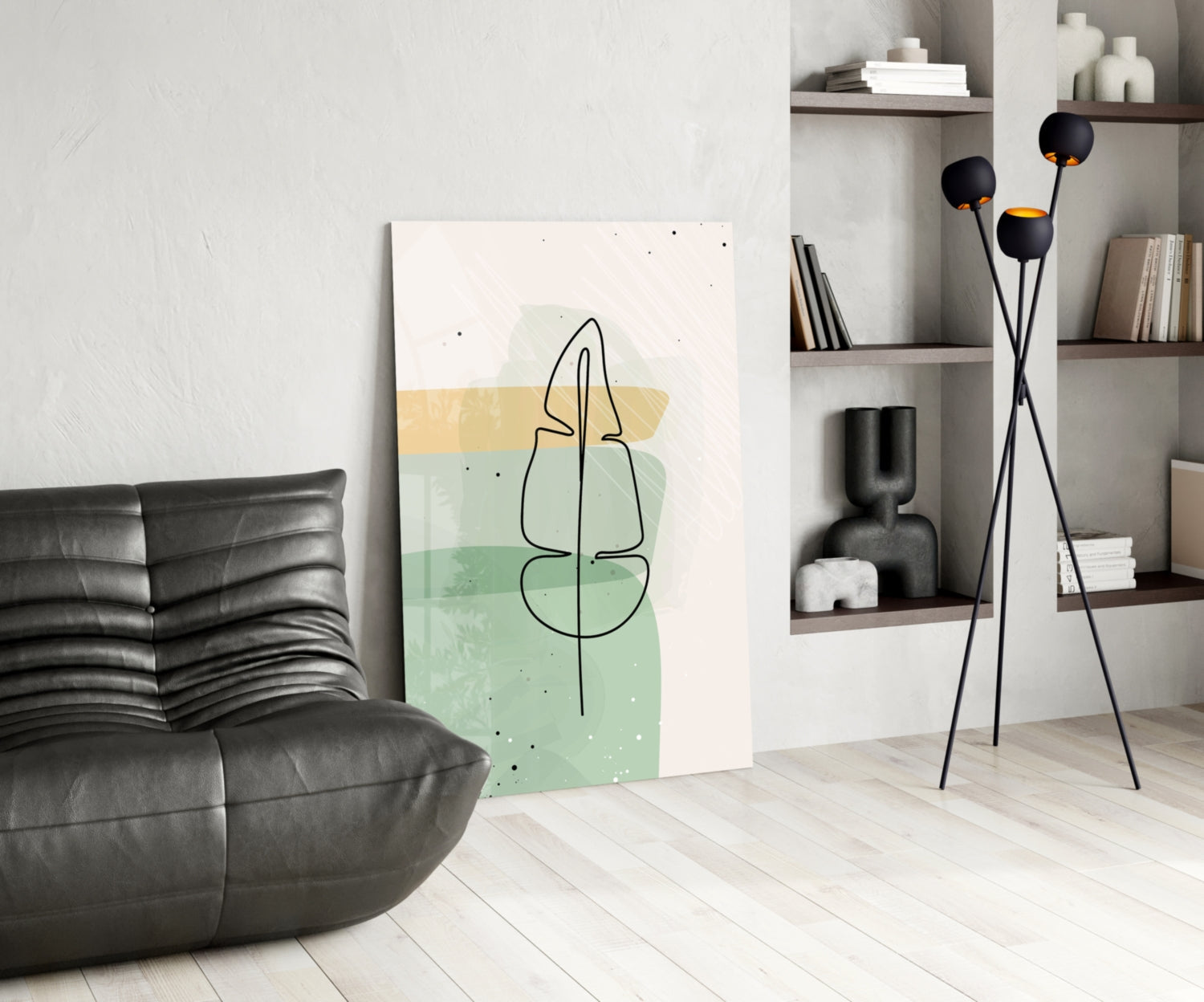Line Art Leaf Sage Yellow Glass Wall Art