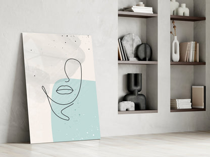Mint Grey Line Face With Lips Glass Wall Art