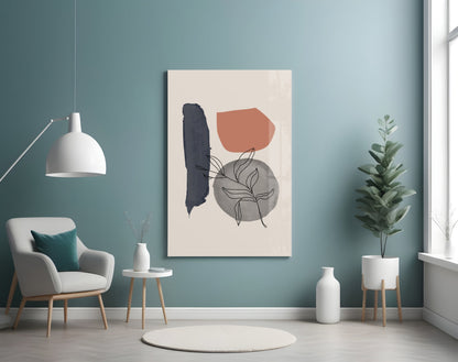 Navy Brush Leaf Grey Circle Glass Wall Art