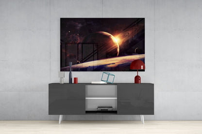 Sunrise Behind Planet Glass Wall Art