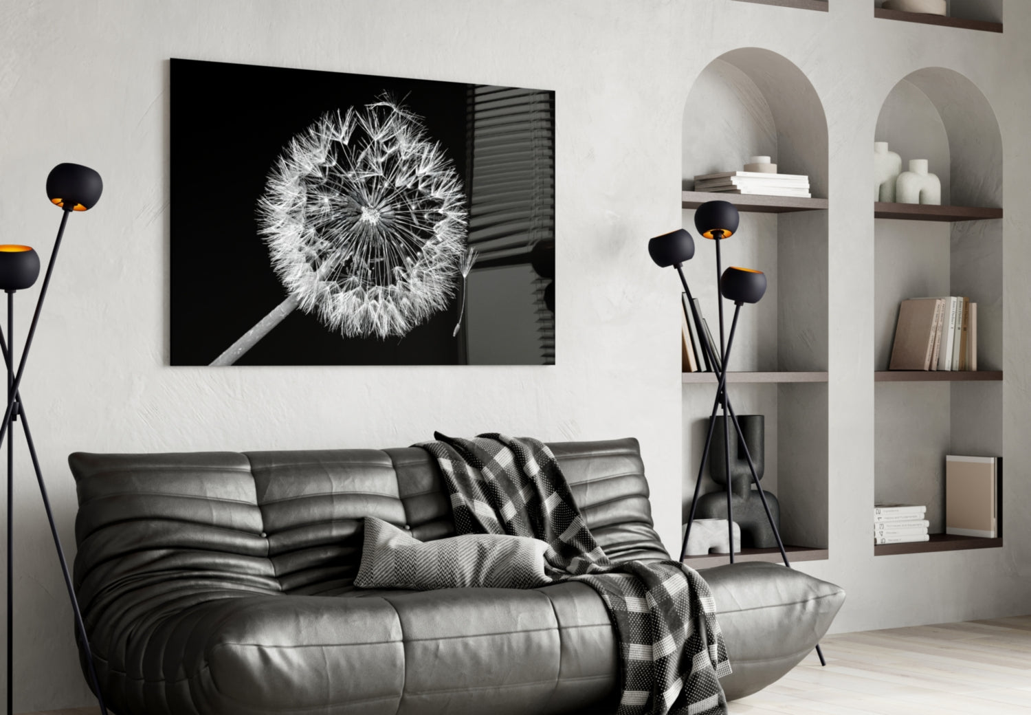 Dandelion Seeds Drifting Black Glass Wall Art