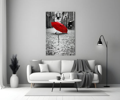 Lone Red Umbrella Cobblestone Street Glass Wall Art