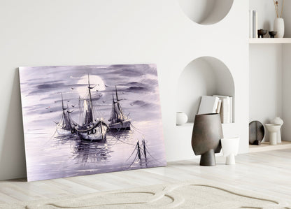 Moonlit Tall Ships In Lavender Mist Glass Wall Art