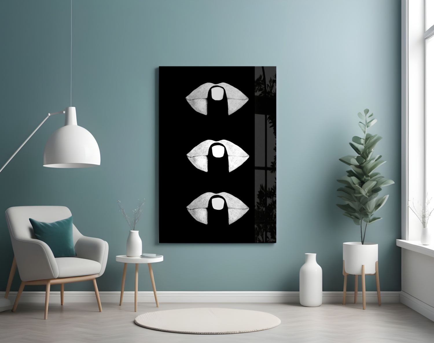 White Lips Trio on Black Glass Wall Art