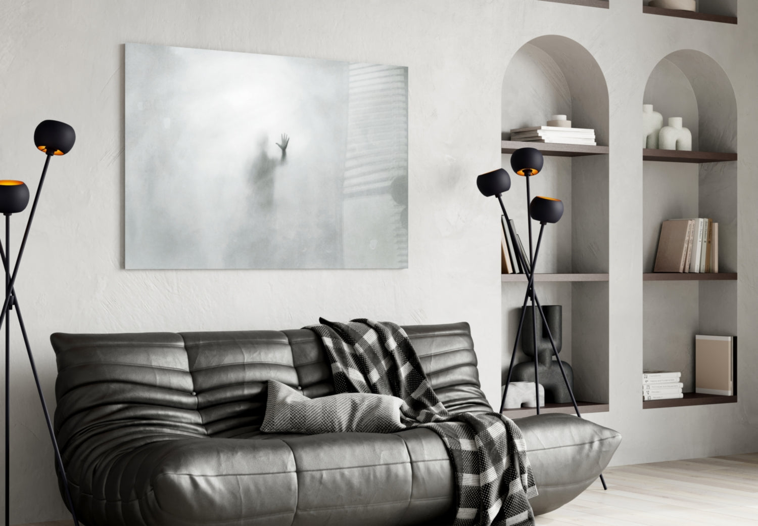 Foggy Pane Reaching Hand Grey Glass Wall Art