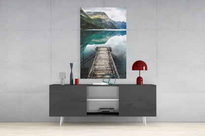Turquoise Fjord Mountain Jetty Glass Wall Art