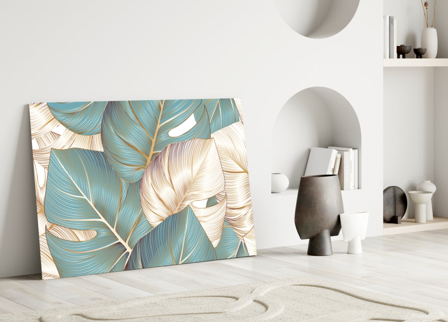 Teal Gold Tropical Leaves Glass Wall Art