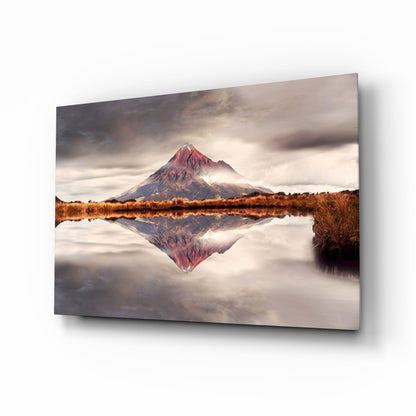 Rust Red Peak Mirrored in Still Lake Glass Wall Art