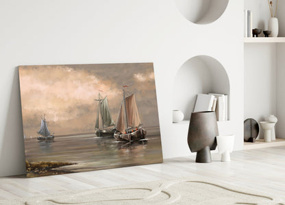 Misty Harbor Fishing Boats Sepia Glass Wall Art