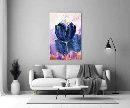 Navy Indigo Tulip on Lilac Wash Glass Wall Art