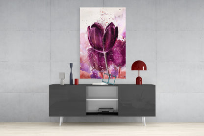 Deep Purple Watercolor Tulip Bloom Glass Wall Art