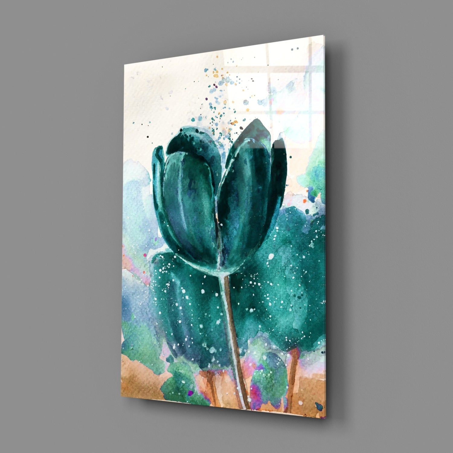 Teal Watercolor Tulip With Paint Splatter Glass Wall Art