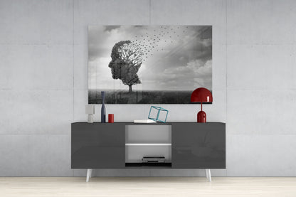 Head Tree Birds Leaving Branches Glass Wall Art