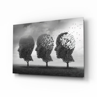 Three Head Shaped Trees Losing Leaves Glass Wall Art